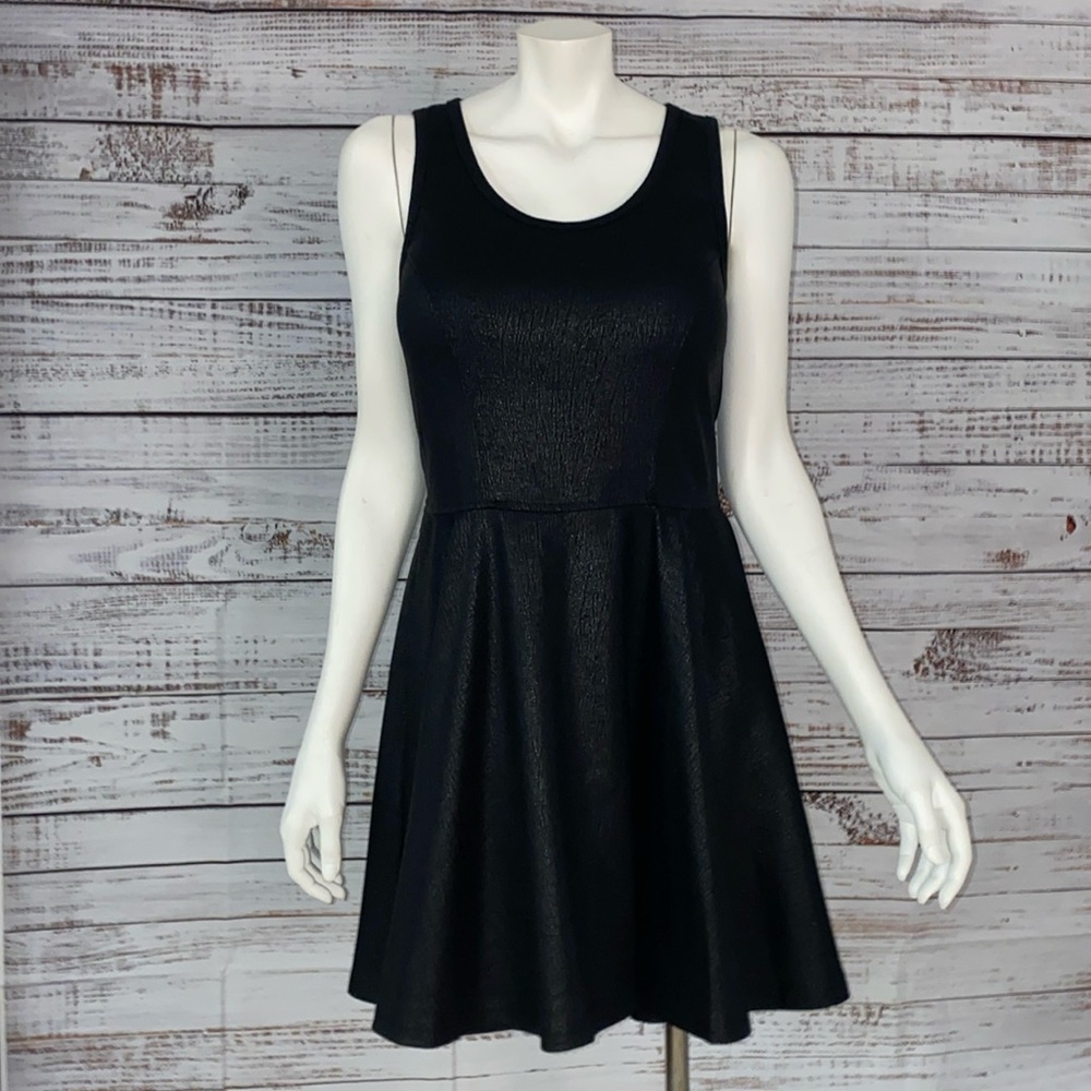 Express Black Faux Leather Fit and Flare Sleeveless Skater Dress